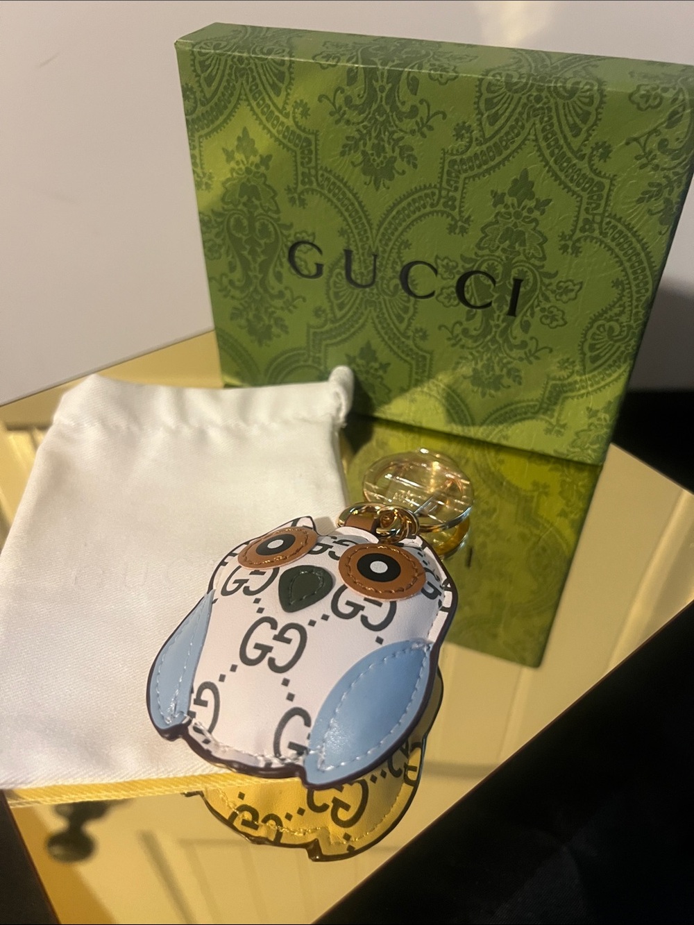 Gucci Cream GG Owl Keychain with Blue Wings and Tan Eye Accents